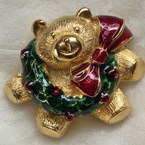 Festive Gold and Red Enameled Teddy Bear Brooch